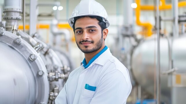 Smiling engineer in white coat and hard hat standing in industrial setting