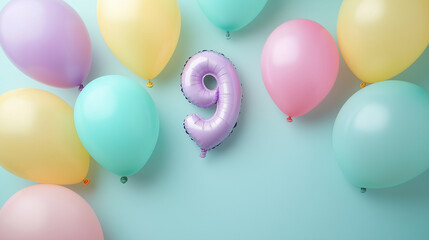 mauve  ballon number nine and different colors balloons   isolated on blue  background 