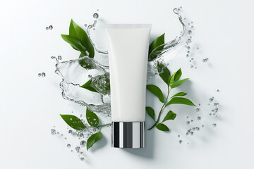 White tube of cream, water splashes and on green leaves around. Skincare concept