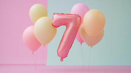 pink ballon number seven   and pink balloons isolated on blue background 