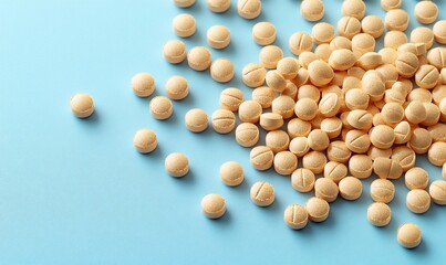 Pile Of Light Orange Round Pills On Light Blue Background