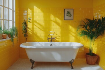 playful and vibrant aesthetic of a yellow-themed bathroom, complete with a unique bathtub and an array of quirky details.