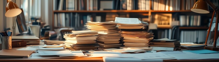 Obraz premium ** Cozy Office Workspace with Stacks of Documents and Warm Lighting Creating a Productive and Inviting Atmosphere for Work and Study..**