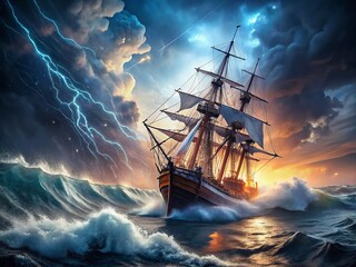 Dramatic Sailing Ship Battling Storm, Lightning Strikes Ocean Waves