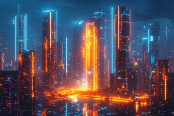Obraz premium Futuristic Neon Cityscape with Illuminated Skyscrapers Reflecting in Rain-Soaked Streets at Night