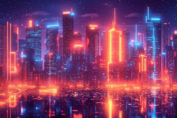 Fototapeta premium Futuristic Neon Cityscape with Vibrant Skyscrapers and Reflective Water at Night Under a Starry Sky