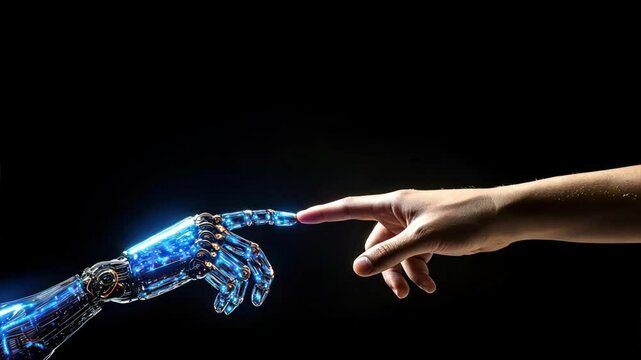 An AI robot hand points a finger to touch a human finger on a black background, symbolizing AI Agents, AI Assistant, and human AI connection