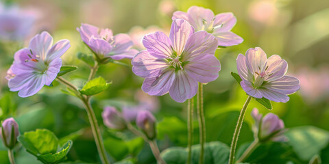 Obraz premium Beautiful pink wildflowers blooming in a lush green garden during springtime