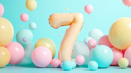 pastel ballon number seven  isolated on blue balloon background 