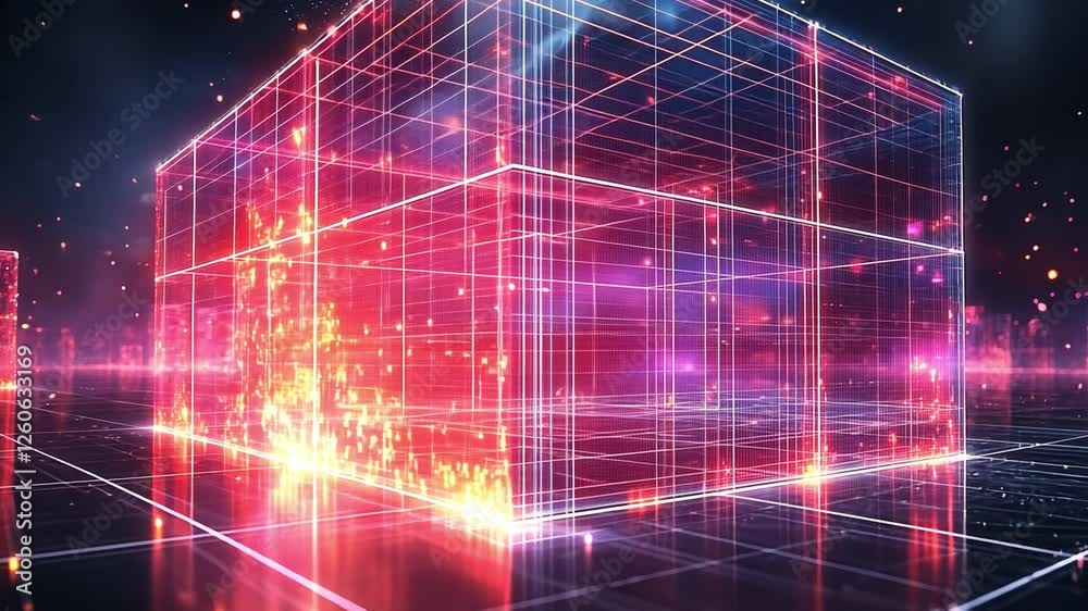 Fototapete cybernetic cube: a futuristic, glowing cube with a fiery core, rendered in vibrant red and blue neon