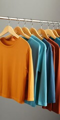 Fototapeta premium Brightly colored t shirts in a rainbow of hues neatly arranged on wooden hangers. This organized display emphasizes variety and a cheerful, vibrant wardrobe style.