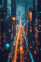 Fototapeta premium Futuristic Cyberpunk Cityscape with Neon Lights and Skyscrapers at Night in a Sci-Fi Urban Environment