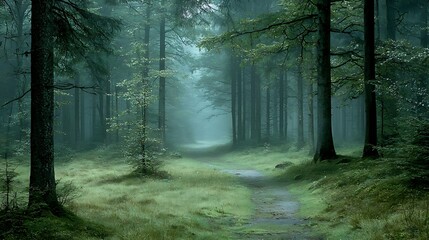 Misty forest path, nature scene, tranquil background, ideal for calm mood