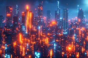 Obraz premium Futuristic Cyberpunk Cityscape with Neon Lights and Skyscrapers Illuminating the Night Sky in a Vibrant Urban Environment