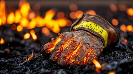 Firefighter's Heat Damaged Glove Burn Zone Close-up Image Fiery Environment Detailed Viewpoint Resilience Concept