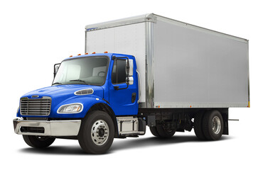 Modern american delivery truck with chrome elements with white van and blue cabin. Front side view...