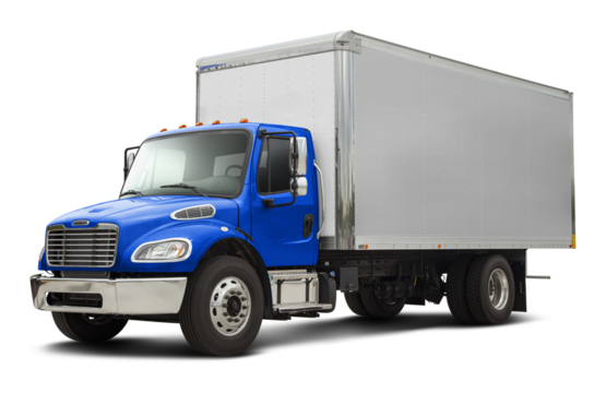 Modern american delivery truck with chrome elements with white van and blue cabin. Front side view isolated on white background.