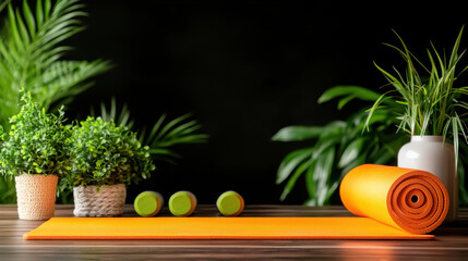 serene home gym setup featuring orange yoga mat, green weights, and lush plants creates calming atmosphere for fitness enthusiasts