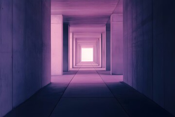 Fototapeta premium A perspective view of a long corridor with concrete pillars, illuminated by a bright light at the end, in shades of purple. Concept Perspective View, Long Corridor, Concrete Pillars, Bright Light