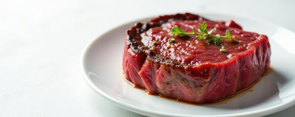 Obraz premium A perfectly cooked medium-rare steak on a plain white surface, background, steak