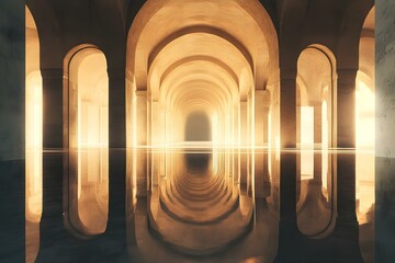 A serene, arched corridor with warm lighting reflected in a calm water surface, creating a tranquil atmosphere. Concept Serene Corridor, Warm Lighting, Calm Water Reflection, Tranquil Atmosphere