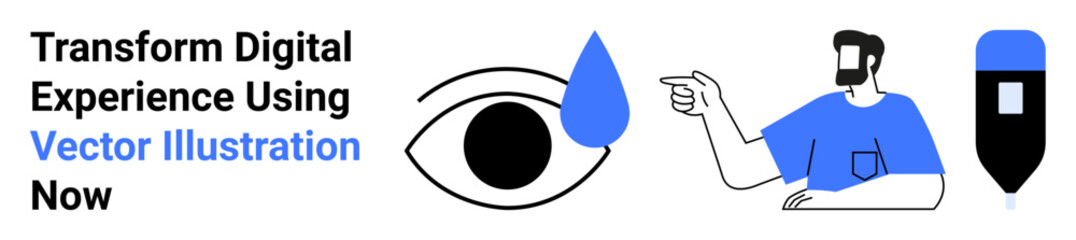 Human figure pointing, a stylized eye, water droplet, and pen tool icon. Ideal for creativity, digital art, UIUX, graphic design, marketing communication flat landing page banner