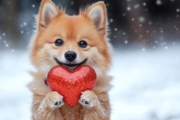 Obraz premium Ad campaign companion visual layout. Cute finnish spitz pooch with sparkling rhinestones red heart on a walk in a winter green space. Finnish spitz - my preferred dog, symbol of friendship.