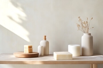 A serene display of minimalist decor featuring candles, natural elements, and soft lighting on a wooden table against a light wall.