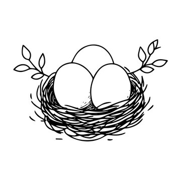 recommend clip art: hand drawn easter nest with eggs and leaves, monochrome line art