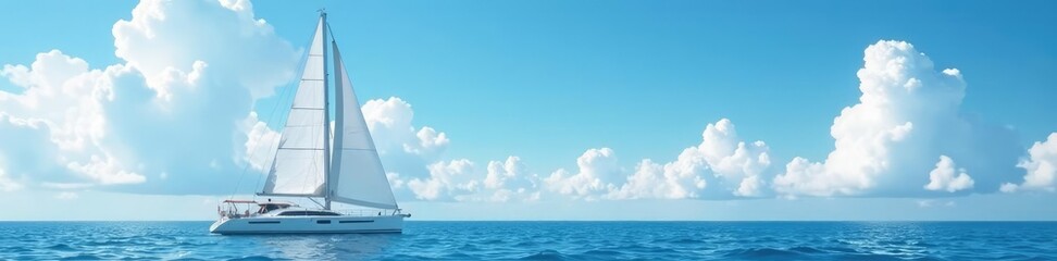A sleek yachting vessel with white sails in the foreground against a vast expanse of light blue sky and fluffy white clouds, sailing, sea, landscape