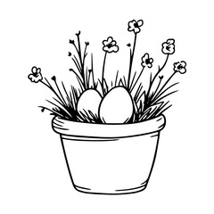 vector illustration of easter eggs in flower pot with grass and blossoms, hand drawn black and white sketch