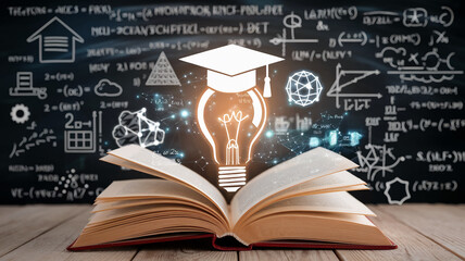 Creative ideas and knowledge spread from an open book with a glowing light bulb surrounded by educational symbols in a classroom setting