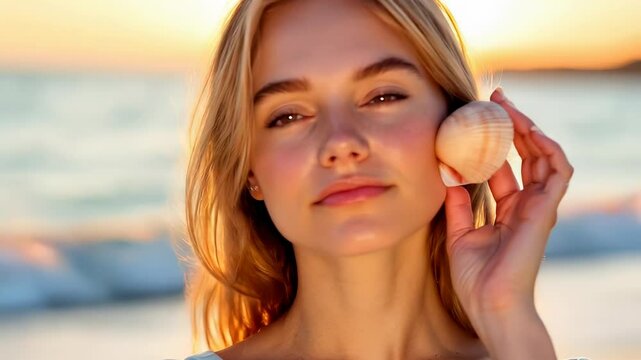 Serene woman enjoys ocean breeze at sunset, holding seashell by beach in nature.