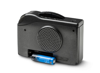 Analog stereo recorder with battery isolated on transparent background