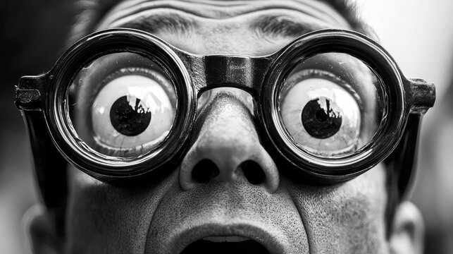 Astonishment: A Close-up of a Man's Surprised Face with Wide Eyes and Open Mouth, Wearing Funny Glasses