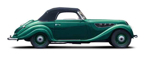 Classic European retro car in blue and green. With a convertible body and a soft top in black.