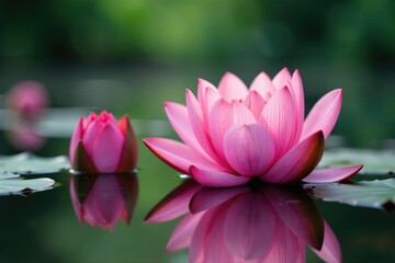 Delicate petals unfolding in pink water lilies, reflection, pink