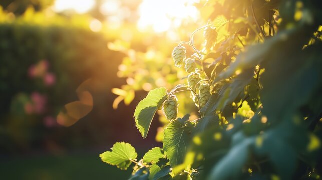 Ripe hop cones growing on a hop plant at sunset, ready for harvest