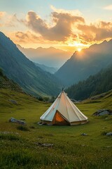 Serene Mountain Landscape with Tent at Sunrise in a Picturesque Valley Surrounded by Majestic Peaks and Lush Greenery