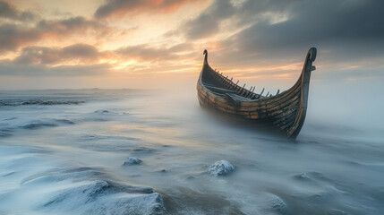 Abandoned Viking Ship Lost in a Misty Sea
