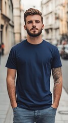 A man wearing navy color t shirt mockup; with earring; on the street; front view