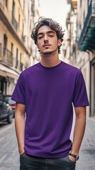 A man wearing purple color t shirt mockup; with earring; on the street; front view