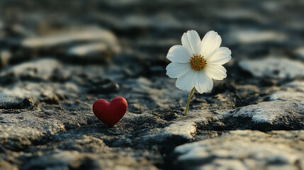 Fototapeta premium White cosmos flower and red heart on textured rocks, representing love and resilience. Natural composition symbolizing hope and growth