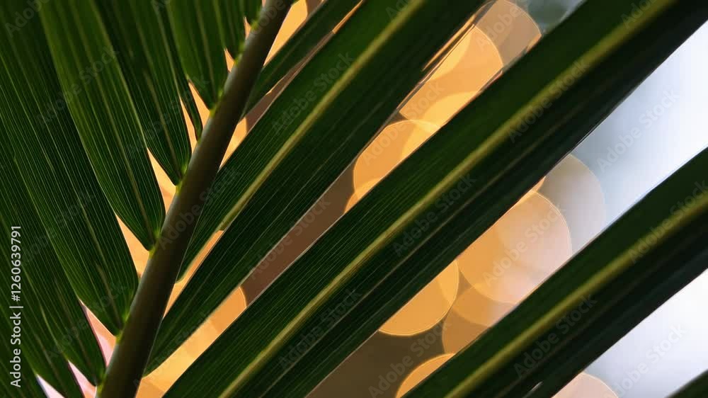 Poster palm leaf close-up with bokeh lights in background, abstract nature concept