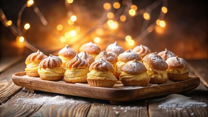 Softly glowing light emanates from a tray of freshly baked cream puffs, with delicate pastries glistening in the warm illumination , dessert, sweet treat