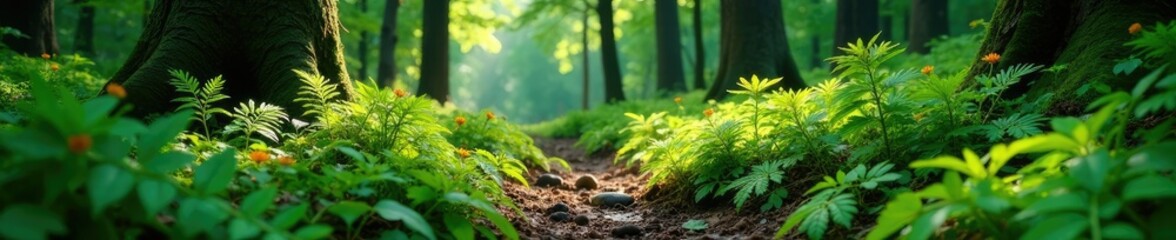 Obraz premium Forest floor covered with ferns and wildflowers, forest floor, trees, nature