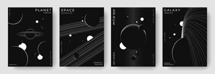 Set of abstract space astronomy backgrounds. Line art galaxy, universe, planet, solar system. Science future concept. Cosmic minimalist design for cover, poster, layout, banner, flyer, brochure © Anastasiya Stoma