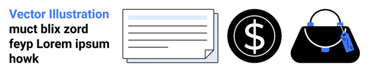 Payment invoice, dollar sign, and handbag with a tag symbolizing purchases, finances, and commerce. Ideal for shopping, payment, business, e-commerce savings retail and flat landing page banner