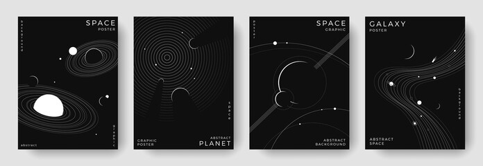 Set of abstract space astronomy backgrounds. Line art galaxy, universe, planet, solar system. Science future concept. Cosmic minimalist design for cover, poster, layout, banner, flyer, brochure © Anastasiya Stoma