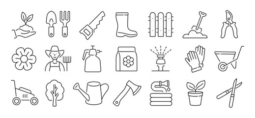 Gardening line icon set, editable stroke flat vector illustration